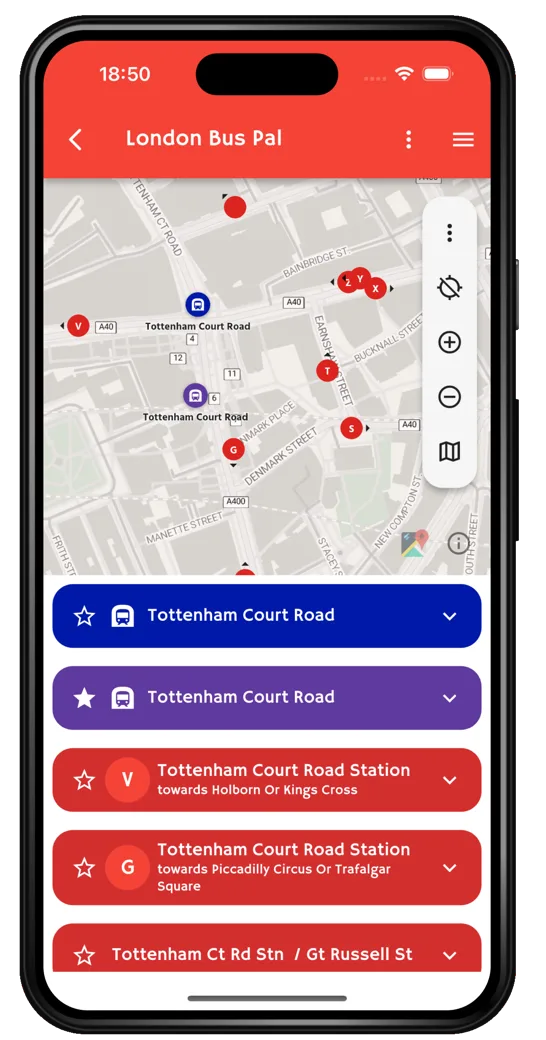 London Bus Pal showing live arrivals at Tottenham Court Road